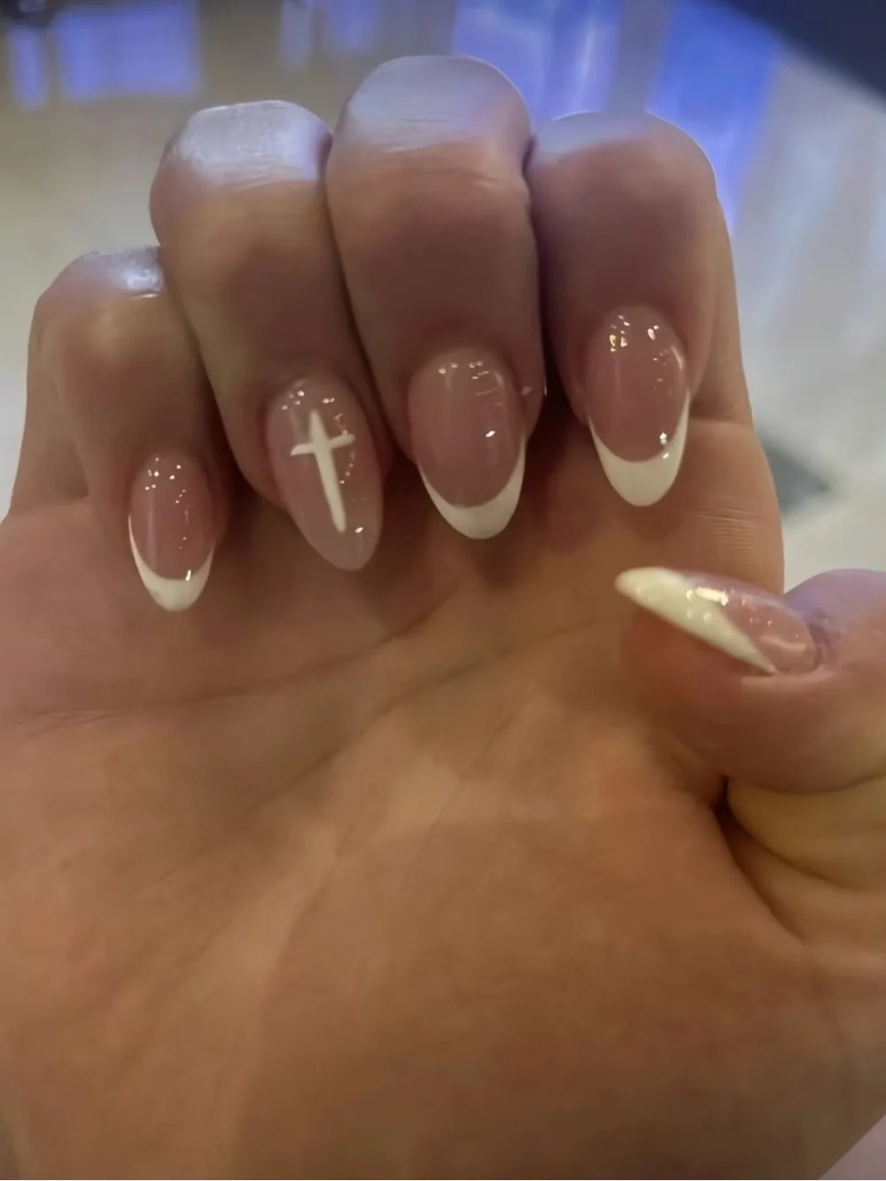 Classic French Almond Press-On Nails with White Cross Accent
